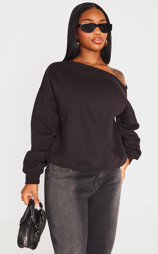 Hitiha Shape Black Sweat Raw Edge Slouch Sweatshirt
