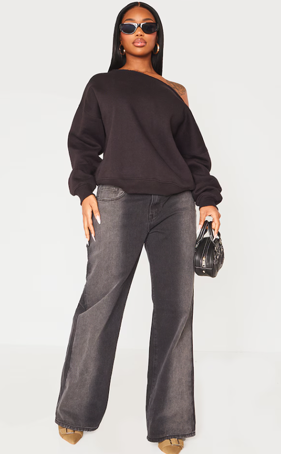 Hitiha Shape Black Sweat Raw Edge Slouch Sweatshirt