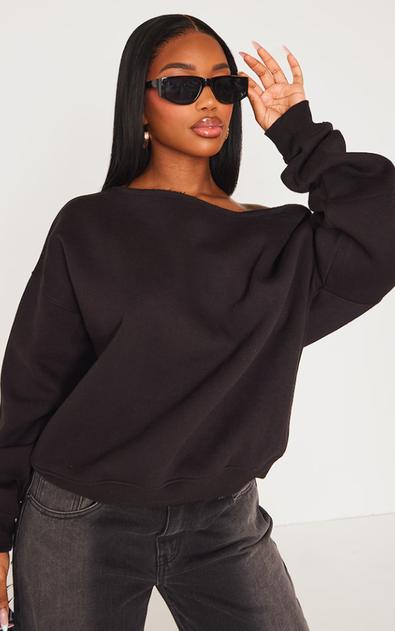 Hitiha Shape Black Sweat Raw Edge Slouch Sweatshirt