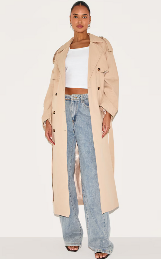 Hitiha Beige Belted Double Breasted Trench Coat